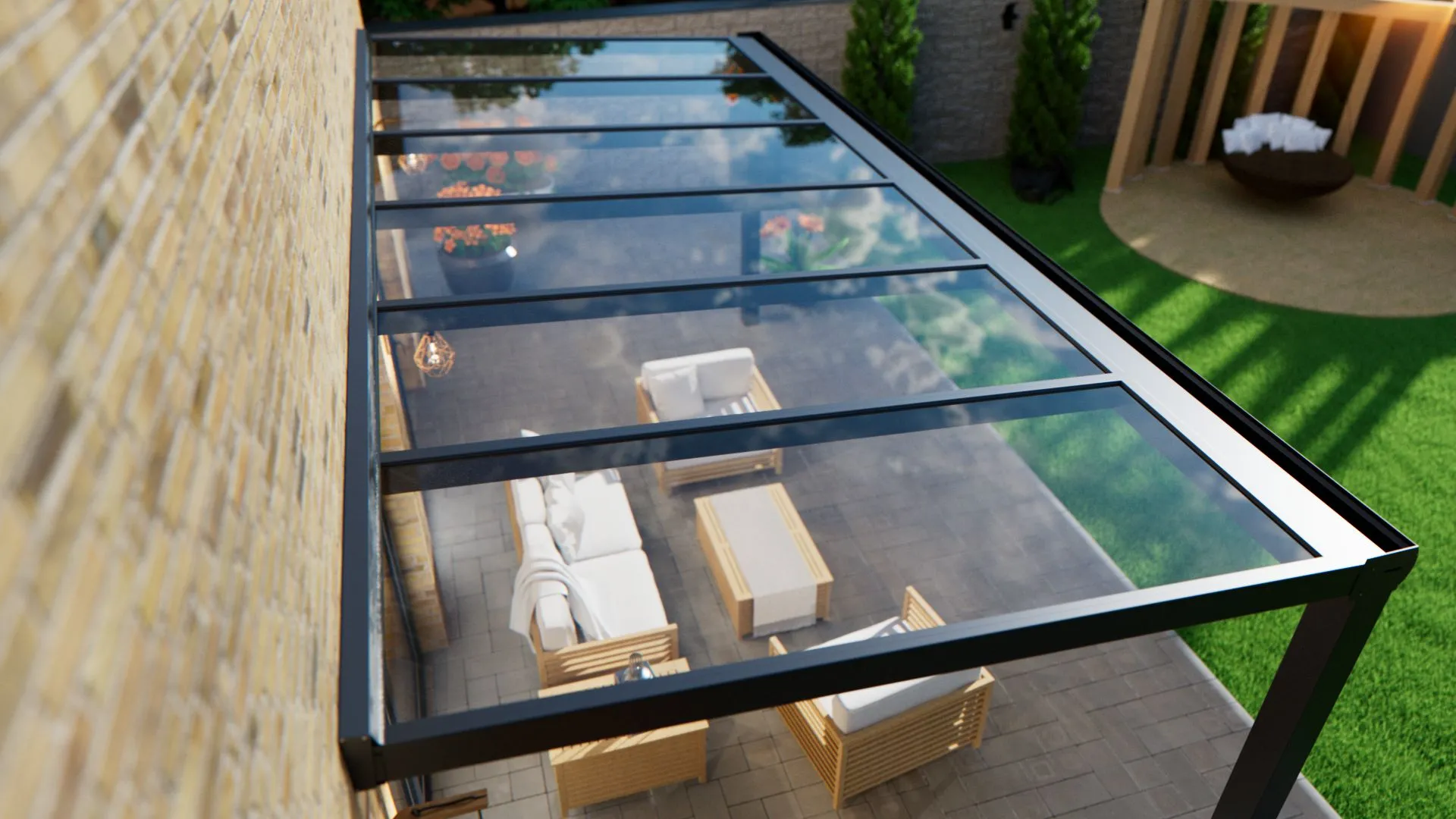 Lichte terrasoverkapping met glazen dak